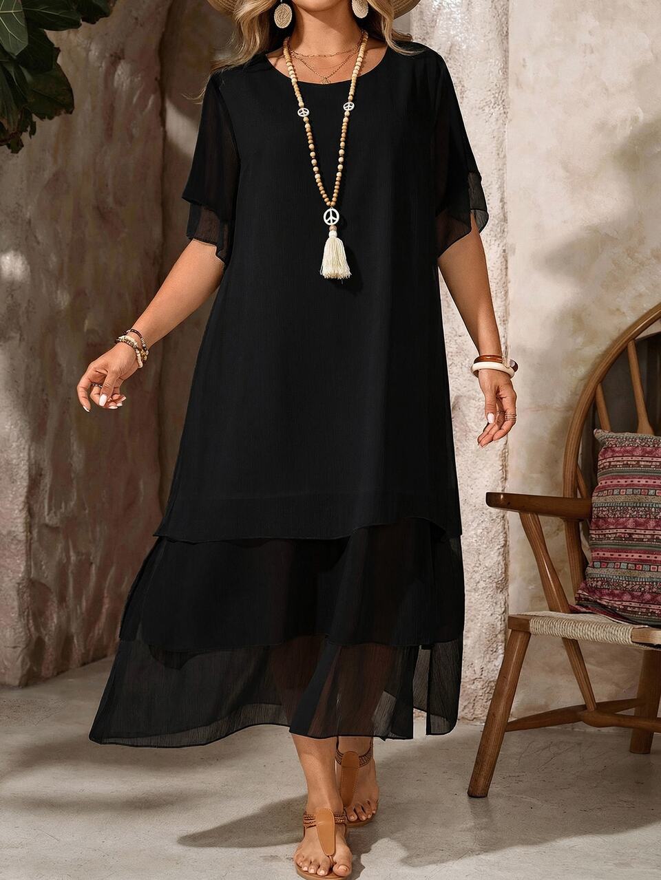 Plus Size Black High Low Asymmetrical Tiered Round Neck Short Sleeve Dress Spring Summer 2026