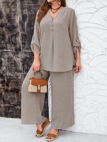 EMERY ROSE 2 Pieces Set Plus Size Women Casual Plaid Print Long Sleeve Loose Shirt & Pants Set,Navy And White,Autumn,Boho,Vacation Outfits,Business Casual,Simple - Multicolor - View 1