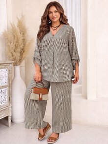 EMERY ROSE 2 Pieces Set Plus Size Women Casual Plaid Print Long Sleeve Loose Shirt & Pants Set,Navy And White,Autumn,Boho,Vacation Outfits,Business Casual,Simple - Multicolor - View 4