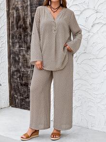 EMERY ROSE 2 Pieces Set Plus Size Women Casual Plaid Print Long Sleeve Loose Shirt & Pants Set,Navy And White,Autumn,Boho,Vacation Outfits,Business Casual,Simple - Multicolor - View 8