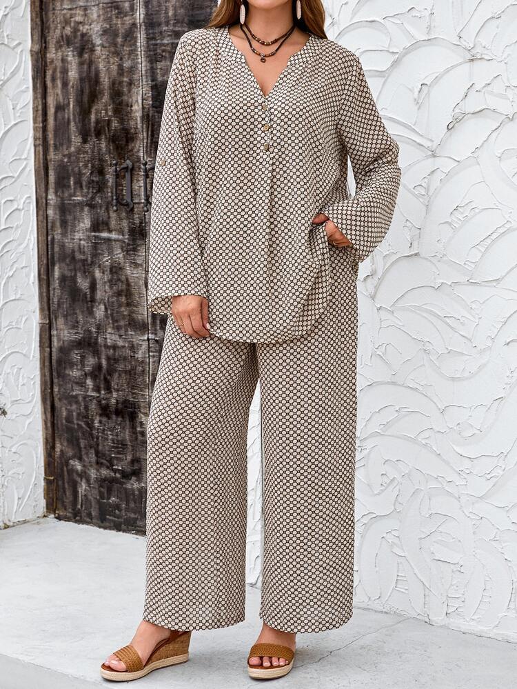 EMERY ROSE 2 Pieces Set Plus Size Women Casual Plaid Print Long Sleeve Loose Shirt & Pants Set,Navy And White,Autumn,Boho,Vacation Outfits,Business Casual,Simple - Multicolor - View 8