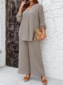EMERY ROSE 2 Pieces Set Plus Size Women Casual Plaid Print Long Sleeve Loose Shirt & Pants Set,Navy And White,Autumn,Boho,Vacation Outfits,Business Casual,Simple - Multicolor - View 6