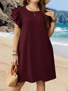 EMERY ROSE 大码休闲纯色迷你盖袖连衣裙 - 酒紅色 - 查看 5