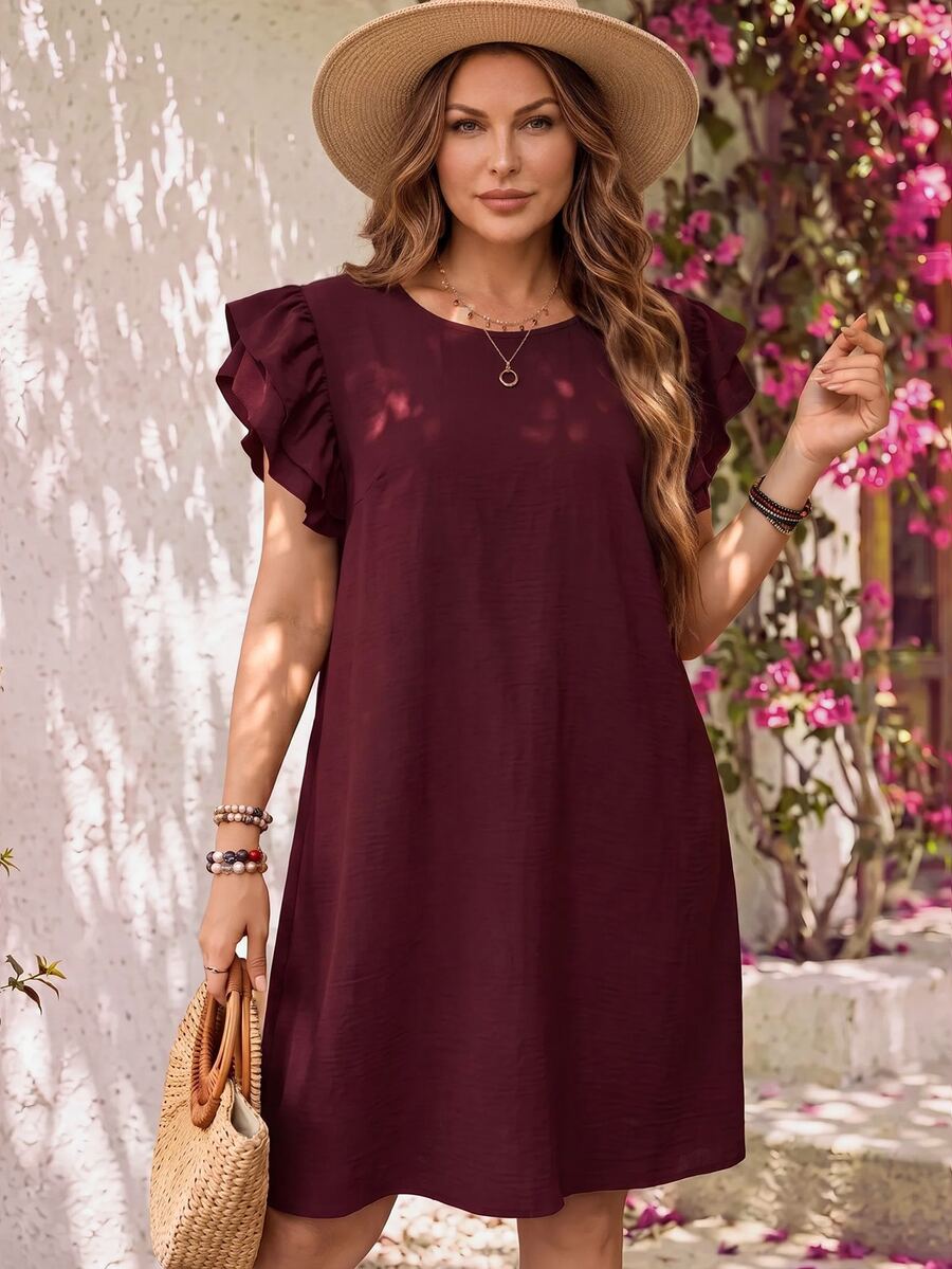 EMERY ROSE Đầm tay ngắn màu trơn thường ngày cỡ lớn - Màu Đỏ Sâu - Xem 1