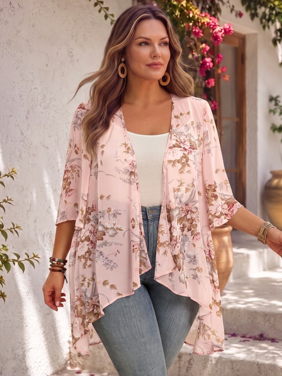 EMERY ROSE Plus Size Elegant Holiday Asymmetrical Hem Front Open Lightweight Summer Coat,Country Casual Vacation Women Western Wear,Fashionable Everyday Spring - Pink - View 1