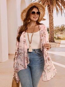 EMERY ROSE Plus Size Elegant Holiday Asymmetrical Hem Front Open Lightweight Summer Coat,Country Casual Vacation Women Western Wear,Fashionable Everyday Spring - Pink - View 7