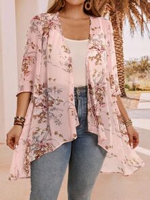 EMERY ROSE Plus Size Elegant Holiday Asymmetrical Hem Front Open Lightweight Summer Coat,Country Casual Vacation Women Western Wear,Fashionable Everyday Spring - Pink - View 4