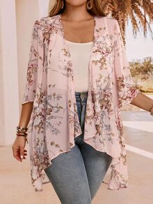 EMERY ROSE Plus Size Elegant Holiday Asymmetrical Hem Front Open Lightweight Summer Coat,Country Casual Vacation Women Western Wear,Fashionable Everyday Spring - Pink - View 3