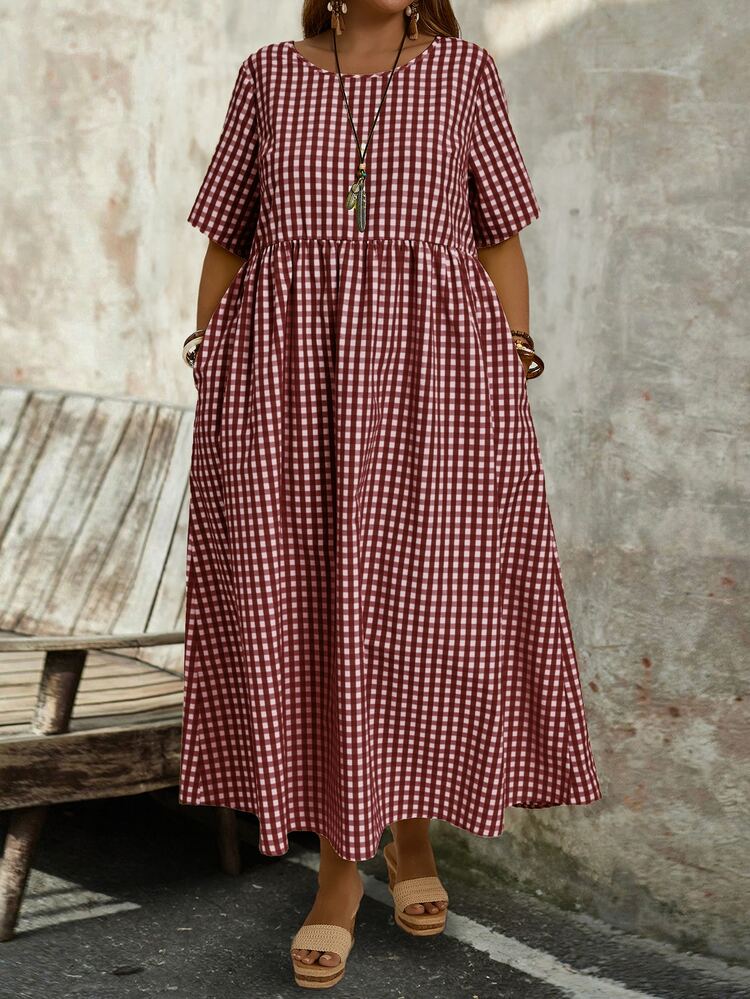EMERY ROSE Plus Size Burgundy Tropical Leaf Print Round Neck Short Sleeve A-Line Midi Dress Summer Casual Boho 1960s Beach Vacation Brunch Holiday Women - Burgundy - View 7