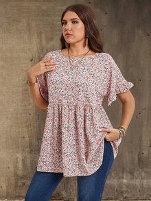 EMERY ROSE 大码女式印花圆领短袖荷叶边娃娃衫、束腰上衣、女士夏季服装、母亲节服装、乡村音乐会服装、波西米亚风女装、女士西式服装、女士度假服装、夏季时尚 - 彩色 - 查看 6