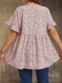 EMERY ROSE 大码女式印花圆领短袖荷叶边娃娃衫、束腰上衣、女士夏季服装、母亲节服装、乡村音乐会服装、波西米亚风女装、女士西式服装、女士度假服装、夏季时尚 - 彩色 - 查看 2