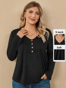 EMERY ROSE Camiseta casual de manga larga con cuello en V y decoración de botones para mujer talla grande, primavera y verano - Negro - Ver 3