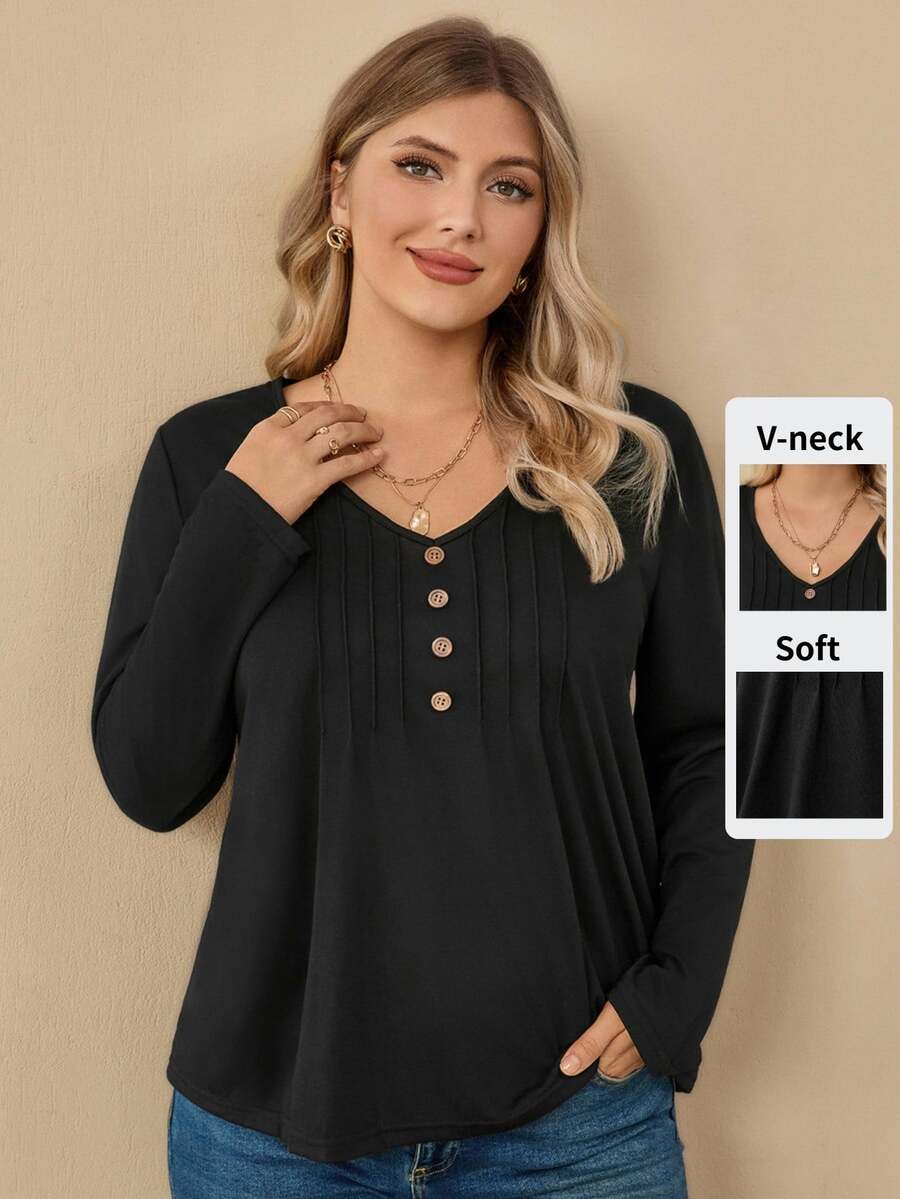 EMERY ROSE Plus Size Women's V-Neck Long Sleeve Button Decor Casual T-Shirt, Spring & Summer Fall - Black - View 1