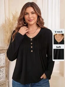 EMERY ROSE Camiseta casual de manga larga con cuello en V y decoración de botones para mujer talla grande, primavera y verano - Negro - Ver 1