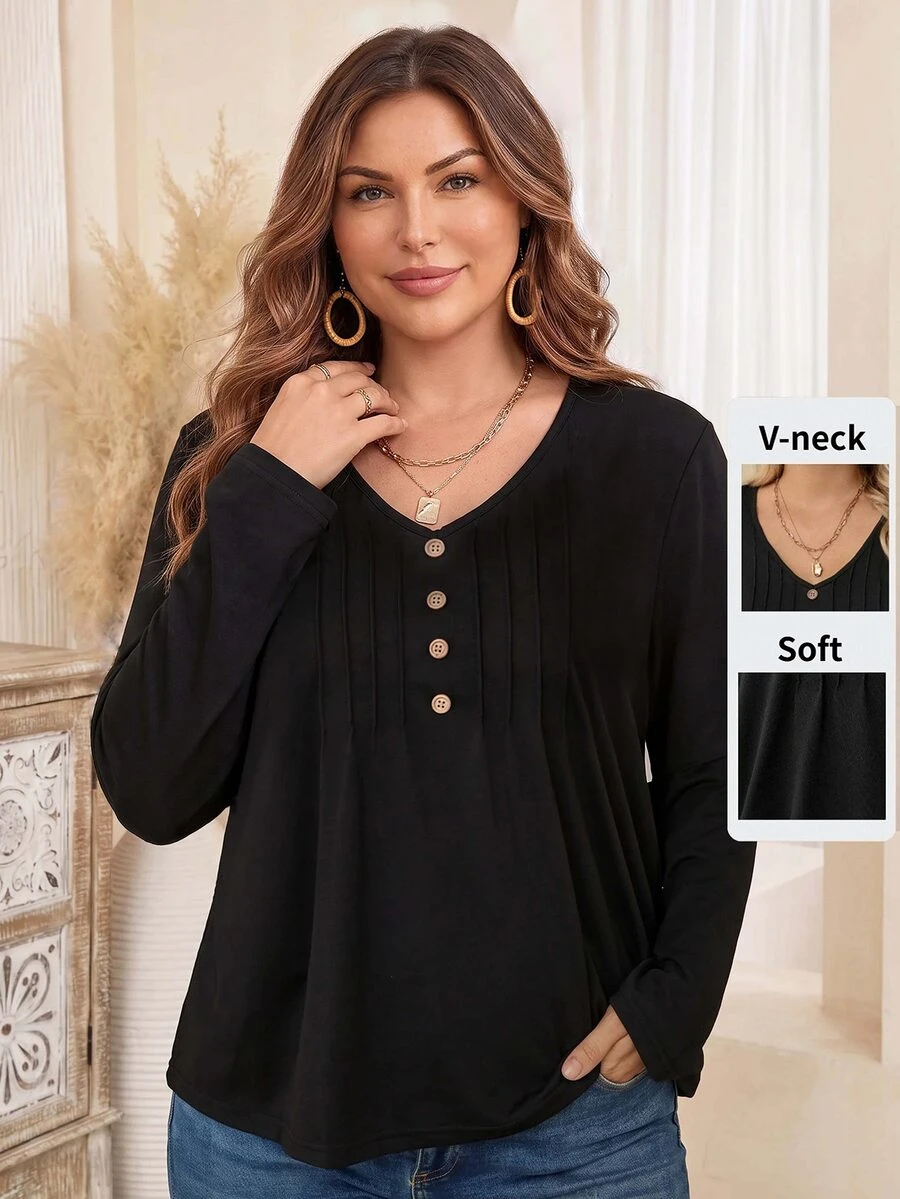 EMERY ROSE Camiseta casual de manga larga con cuello en V y decoración de botones para mujer talla grande, primavera y verano - Negro - Ver 1