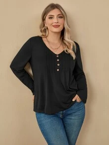 EMERY ROSE Camiseta casual de manga larga con cuello en V y decoración de botones para mujer talla grande, primavera y verano - Negro - Ver 4