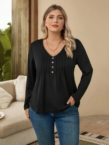 EMERY ROSE Camiseta casual de manga larga con cuello en V y decoración de botones para mujer talla grande, primavera y verano - Negro - Ver 7