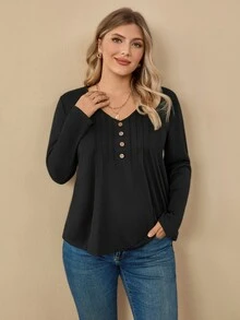 EMERY ROSE Camiseta casual de manga larga con cuello en V y decoración de botones para mujer talla grande, primavera y verano - Negro - Ver 9