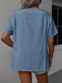 EMERY ROSE Plus Size Casual Solid Color Lace Trim Blouse - Dusty Blue - View 2