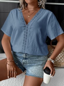 EMERY ROSE Plus Size Casual Solid Color Lace Trim Blouse - Dusty Blue - View 6