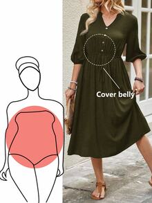 EMERY ROSE Plus Size V-Neck Regular Shoulder Puff Sleeve Concealing Belly Midi Dress , Elegant Dresses For Women Fall - Army Green - View 4