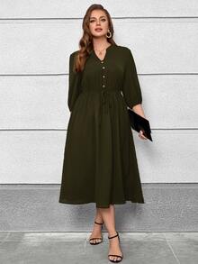 EMERY ROSE Plus Size V-Neck Regular Shoulder Puff Sleeve Concealing Belly Midi Dress , Elegant Dresses For Women Fall - Army Green - View 6