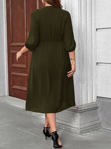 EMERY ROSE Plus Size V-Neck Regular Shoulder Puff Sleeve Concealing Belly Midi Dress , Elegant Dresses For Women Fall - Army Green - View 2