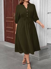 EMERY ROSE Plus Size V-Neck Regular Shoulder Puff Sleeve Concealing Belly Midi Dress , Elegant Dresses For Women Fall - Army Green - View 3