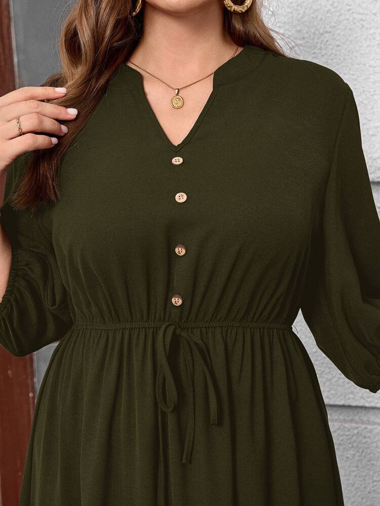 EMERY ROSE Plus Size V-Neck Regular Shoulder Puff Sleeve Concealing Belly Midi Dress , Elegant Dresses For Women Fall - Army Green - View 7