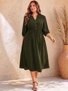 EMERY ROSE Plus Size V-Neck Regular Shoulder Puff Sleeve Concealing Belly Midi Dress , Elegant Dresses For Women Fall - Army Green - View 1