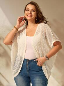 EMERY ROSE Plus Size White Elegant Casual Lace Kimono Cardigan For Women, Batwing Sleeve Asymmetric Hem Light Cover Up Top Holiday Bachelorette Party Wedding - Beige - View 6