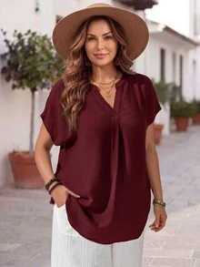 EMERY ROSE Plus Size Men/Women Plain Short Sleeve Shirt, Minimalist & Fashionable, Suitable For Summer - Burgundy - View 3