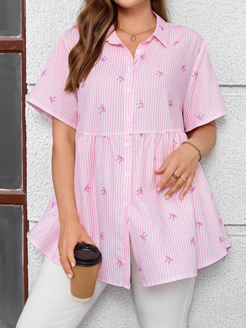 Plus Size Open Front Raglan Short Sleeve Striped Bow Print Peplum Blouse, , Tunic Top, Formal Tops For Women, Teacher Shirts