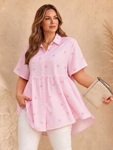 EMERY ROSE Plus Size Open Front Raglan Short Sleeve Striped Bow Print Peplum Blouse, , Tunic Top, Formal Tops For Women, Teacher Shirts - Pink - View 1