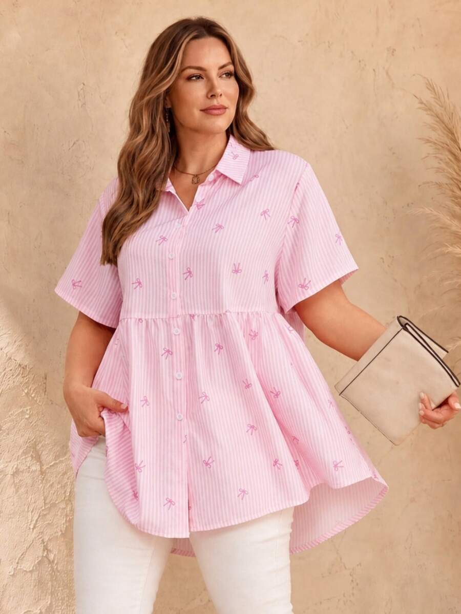 EMERY ROSE Plus Size Open Front Raglan Short Sleeve Striped Bow Print Peplum Blouse, , Tunic Top, Formal Tops For Women, Teacher Shirts - Pink - View 1