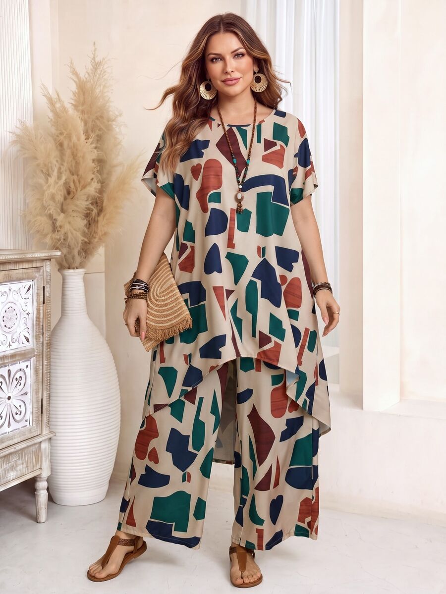 EMERY ROSE 2 Pieces Set Women Plus Size Geometric Print Shirt & Pants, Boho Clothing, Two Outfits, Ladies Casual Sets, Summer For Women, Country Everyday Wear - Multicolor - View 1