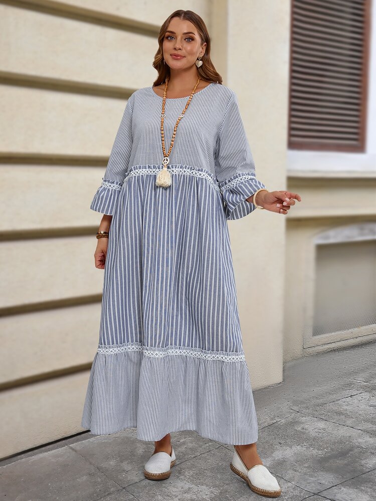 EMERY ROSE Plus Size Women's Blue And White Striped Round Neck Flared Sleeve Ruffle Hem Loose Casual Dress,Summer Boho Vacation Holiday Beach Sundress Outfits - Navy Blue - View 7