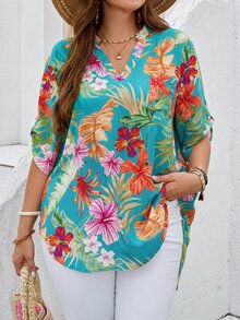 EMERY ROSE Kemeja Wanita Ukuran Besar Motif Bunga Musim Panas Kerah Berlekuk Lengan Gulung Atasan Tropis Kemeja Pantai untuk Hawaii - Mint Green - View 5