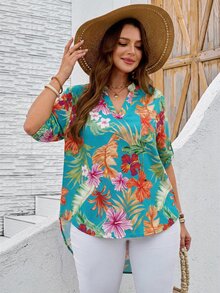 EMERY ROSE Kemeja Wanita Ukuran Besar Motif Bunga Musim Panas Kerah Berlekuk Lengan Gulung Atasan Tropis Kemeja Pantai untuk Hawaii - Mint Green - View 7