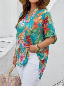 EMERY ROSE Kemeja Wanita Ukuran Besar Motif Bunga Musim Panas Kerah Berlekuk Lengan Gulung Atasan Tropis Kemeja Pantai untuk Hawaii - Mint Green - View 6