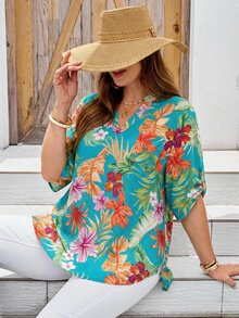 EMERY ROSE Kemeja Wanita Ukuran Besar Motif Bunga Musim Panas Kerah Berlekuk Lengan Gulung Atasan Tropis Kemeja Pantai untuk Hawaii - Mint Green - View 8