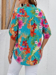 EMERY ROSE Kemeja Wanita Ukuran Besar Motif Bunga Musim Panas Kerah Berlekuk Lengan Gulung Atasan Tropis Kemeja Pantai untuk Hawaii - Mint Green - View 2