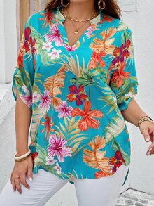 EMERY ROSE Kemeja Wanita Ukuran Besar Motif Bunga Musim Panas Kerah Berlekuk Lengan Gulung Atasan Tropis Kemeja Pantai untuk Hawaii - Mint Green - View 4