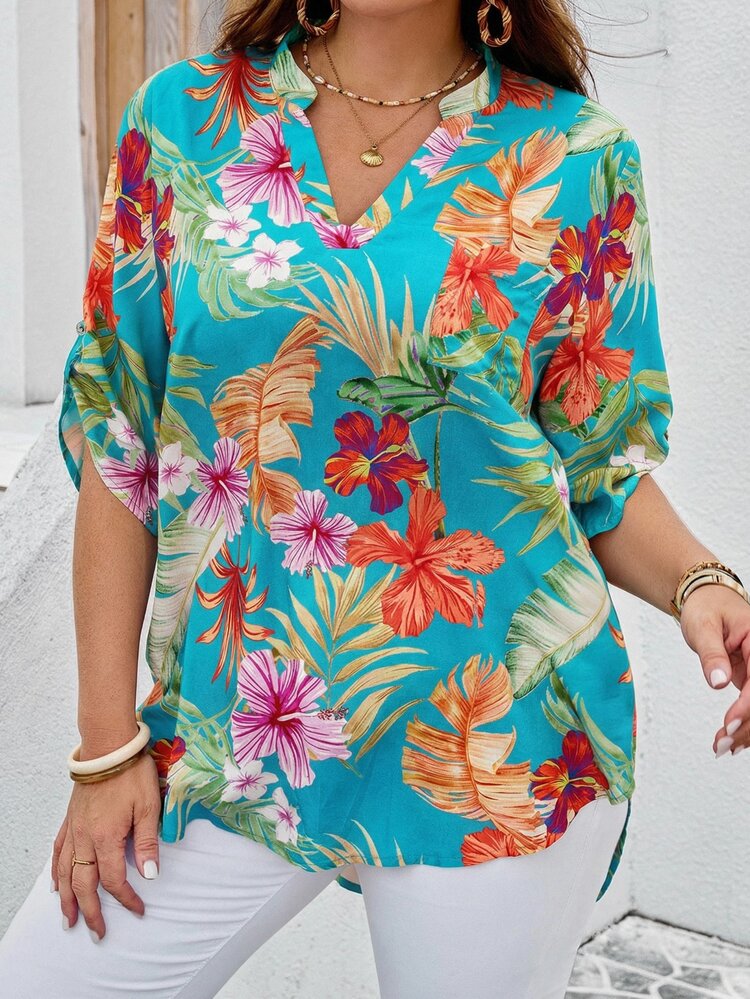 EMERY ROSE Plus Size Summer Floral Print Notch Neck Roll Sleeve Shirt Women Blouses Tropical Tops Beach Shirts For Hawaiian - Mint Green - View 4