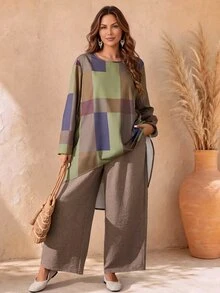 EMERY ROSE 2pcs Plus Size Women's Geometric Print Crew Neck Long Sleeve High Low Hem Top And Wide Leg Pants Loose Fit Set, Autumn, Women's Country Clothing - Multicolor - View 3