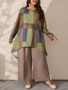 EMERY ROSE 2pcs Plus Size Women's Geometric Print Crew Neck Long Sleeve High Low Hem Top And Wide Leg Pants Loose Fit Set, Autumn, Women's Country Clothing - Multicolor - View 5