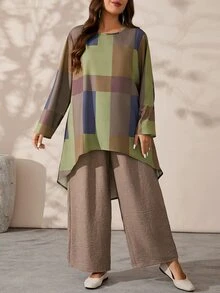 EMERY ROSE 2pcs Plus Size Women's Geometric Print Crew Neck Long Sleeve High Low Hem Top And Wide Leg Pants Loose Fit Set, Autumn, Women's Country Clothing - Multicolor - View 6