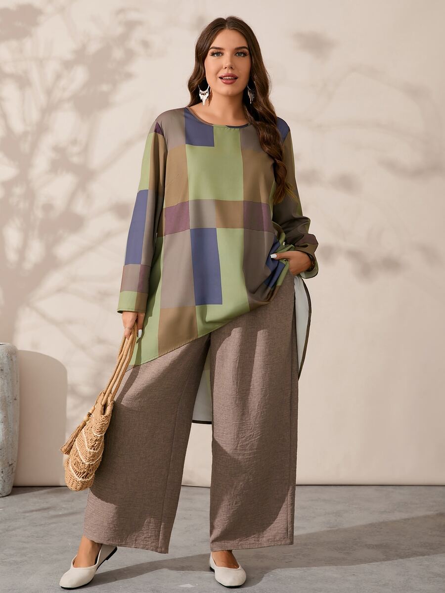 EMERY ROSE 2pcs Plus Size Women's Geometric Print Crew Neck Long Sleeve High Low Hem Top And Wide Leg Pants Loose Fit Set, Autumn, Women's Country Clothing - Multicolor - View 1