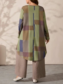 EMERY ROSE 2pcs Plus Size Women's Geometric Print Crew Neck Long Sleeve High Low Hem Top And Wide Leg Pants Loose Fit Set, Autumn, Women's Country Clothing - Multicolor - View 2