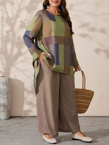 EMERY ROSE 2pcs Plus Size Women's Geometric Print Crew Neck Long Sleeve High Low Hem Top And Wide Leg Pants Loose Fit Set, Autumn, Women's Country Clothing - Multicolor - View 4